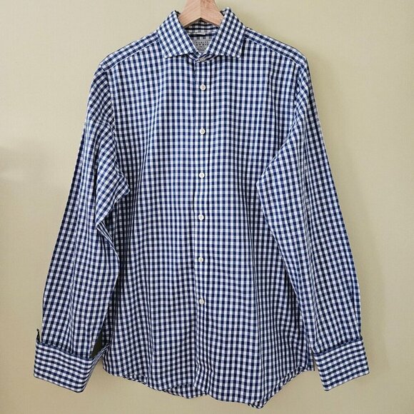 Charles Tyrwhitt Shirt Mens 15.5 Plaid Non Iron Slim Fit French Cuff LS Buttons - Picture 14 of 15